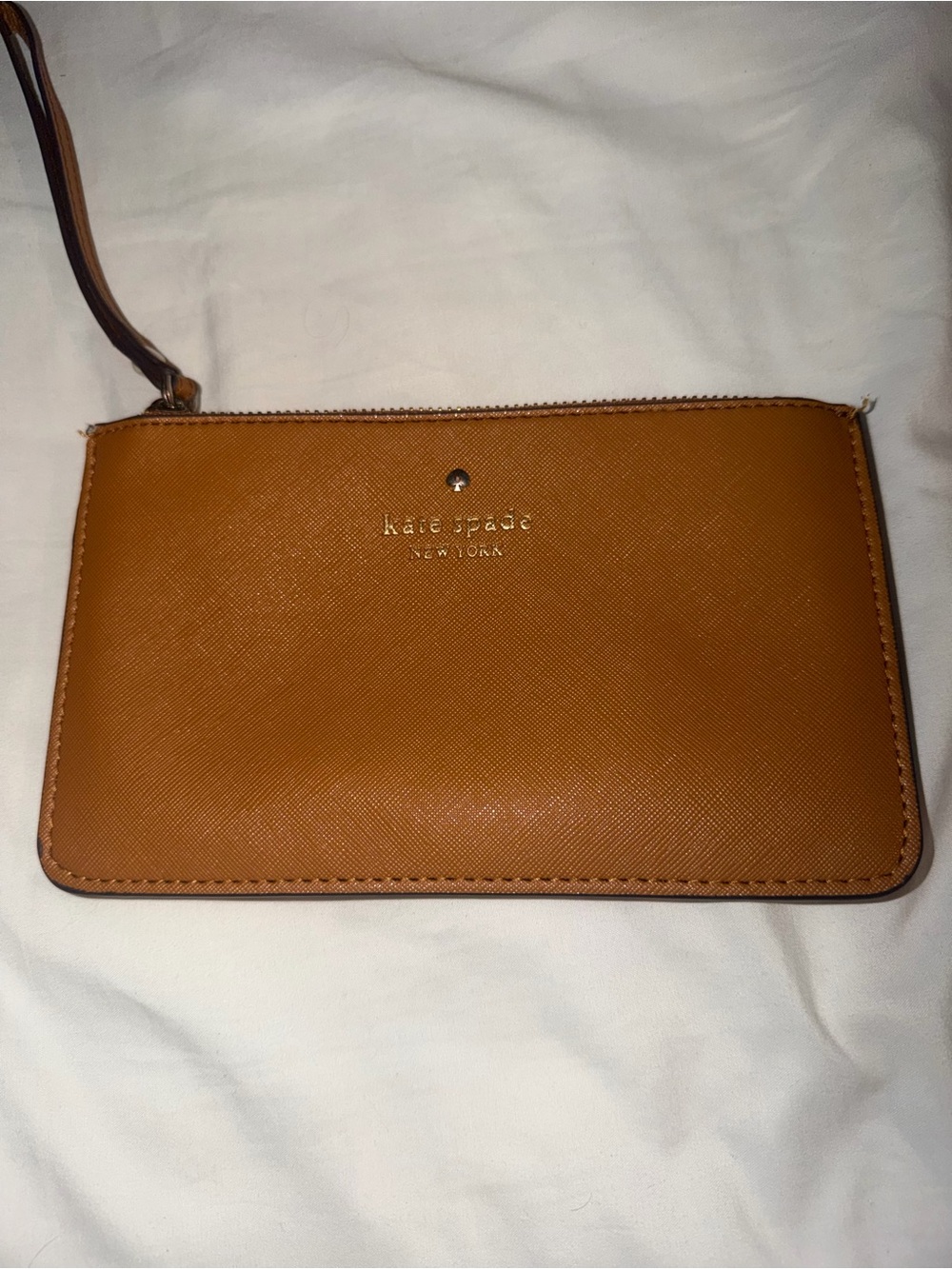 kate spade caramel brown leather wristlet clutch
